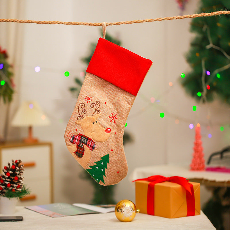 Christmas Decoration Linen Red Bordered Old Man Snowman Christmas Socks Christmas Gift Bag Candy Socks - Korvel