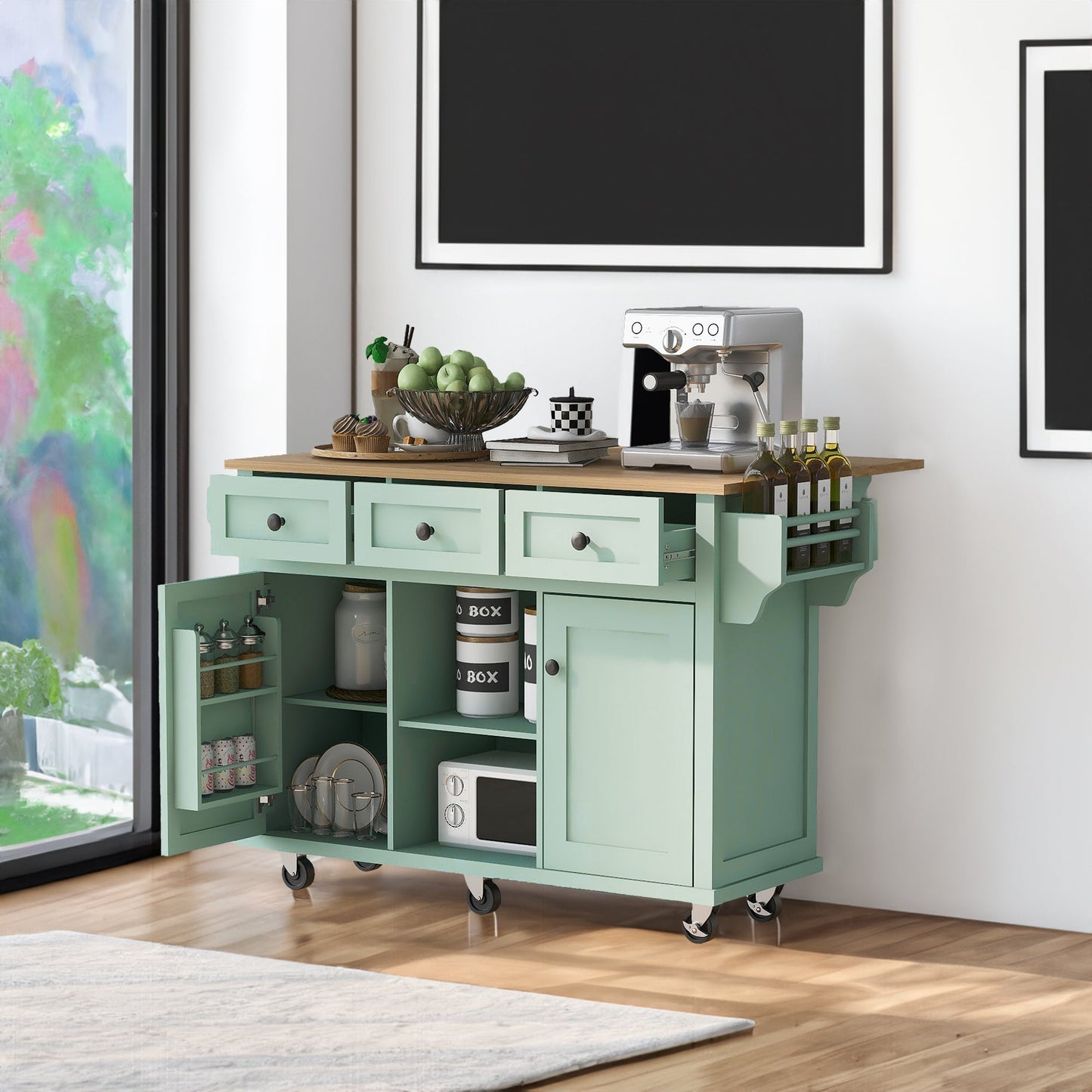 Kitchen trolley, cabinet door internal storage rack with storage cabinet and 3 dining room drawers, mint green - Korvel