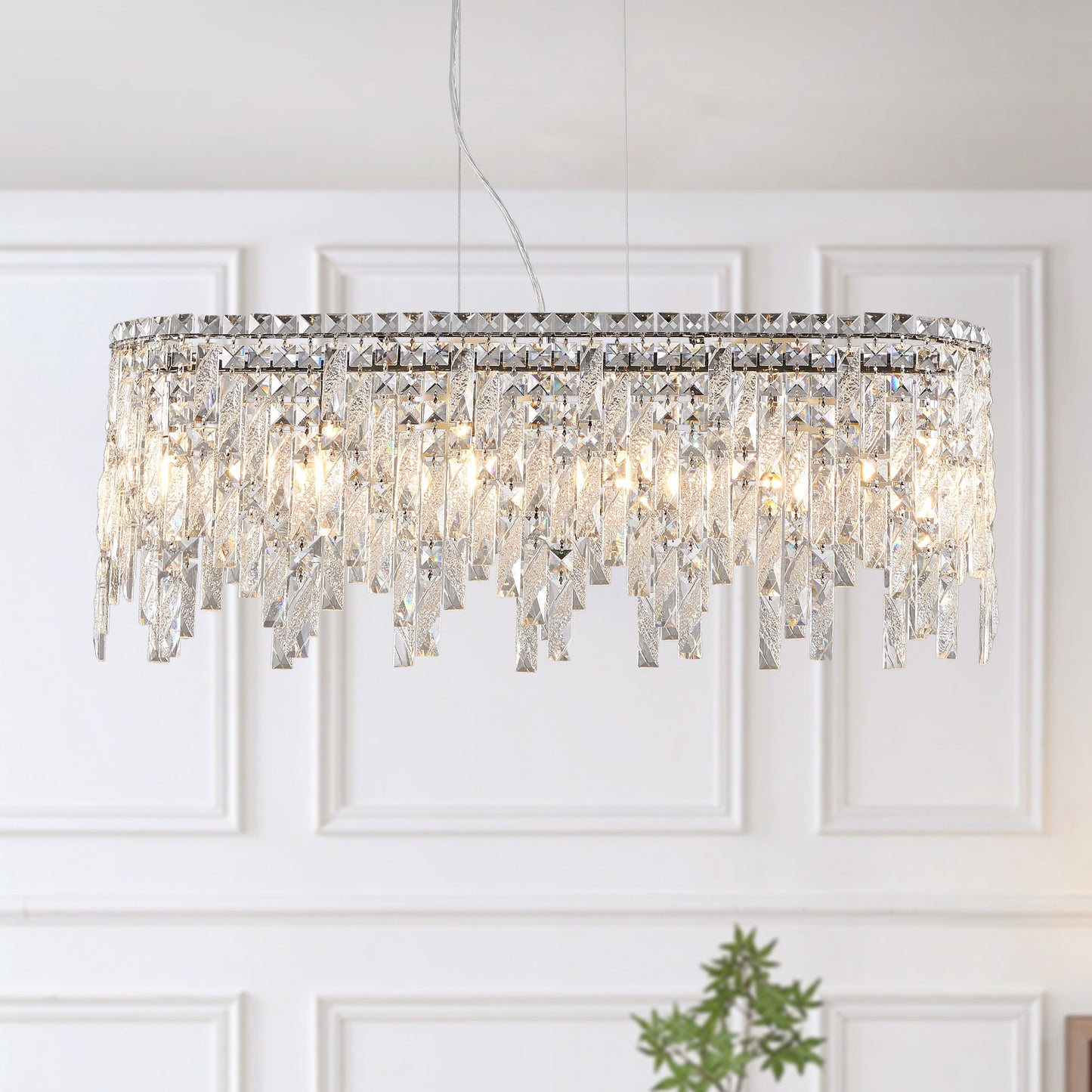 Silver elegant oval crystal pendant light, modern ceiling fixture with reflective suspended crystal (bulb not included) - Korvel