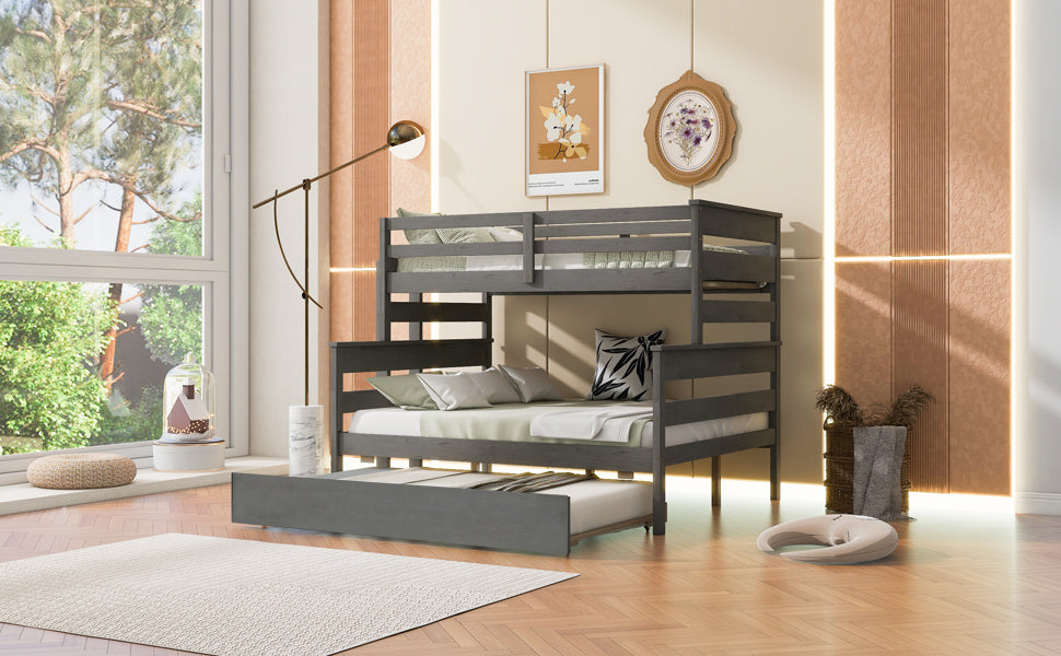 Wood Twin over Full Bunk Bed with Trundle - Gray