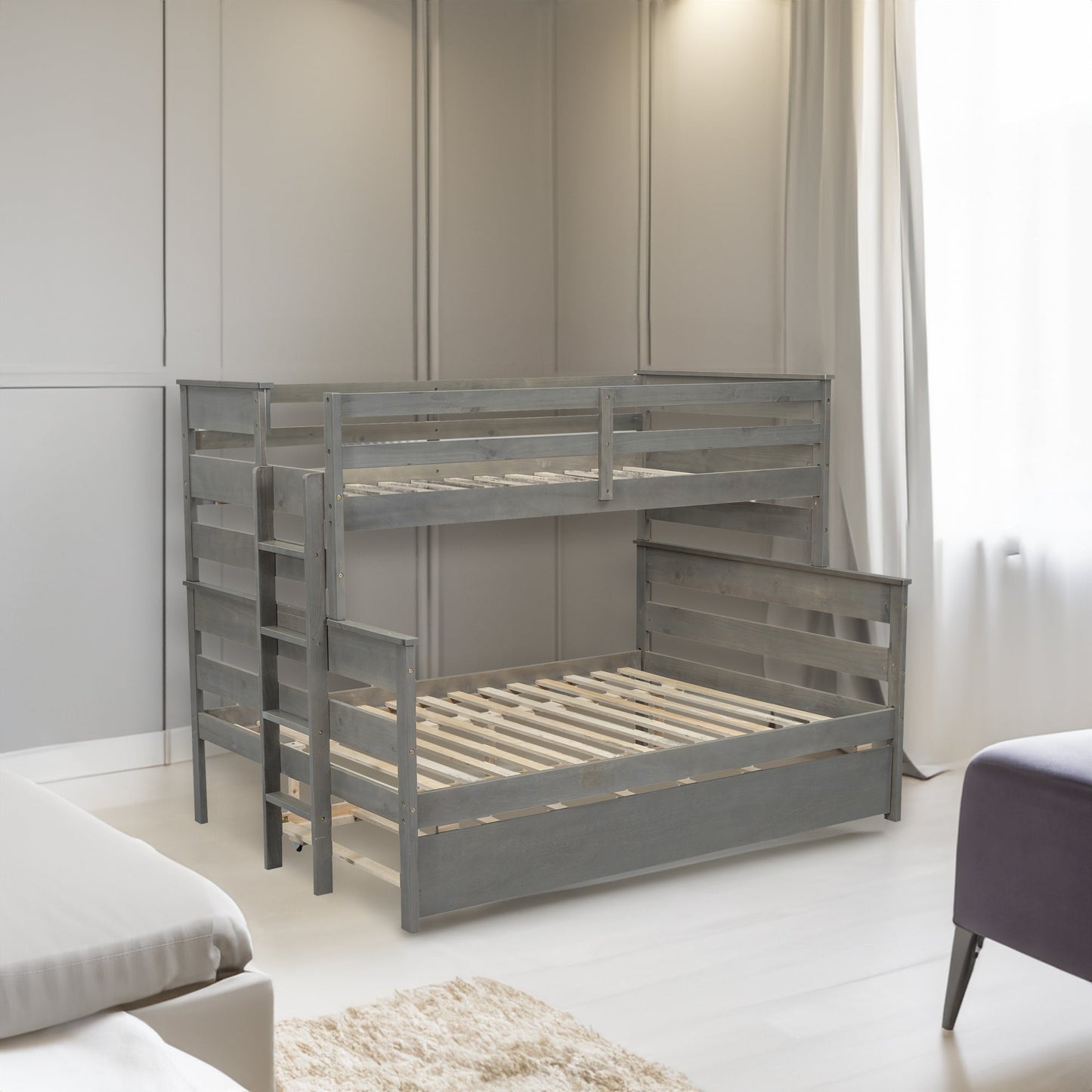 Wood Twin over Full Bunk Bed with Trundle - Gray