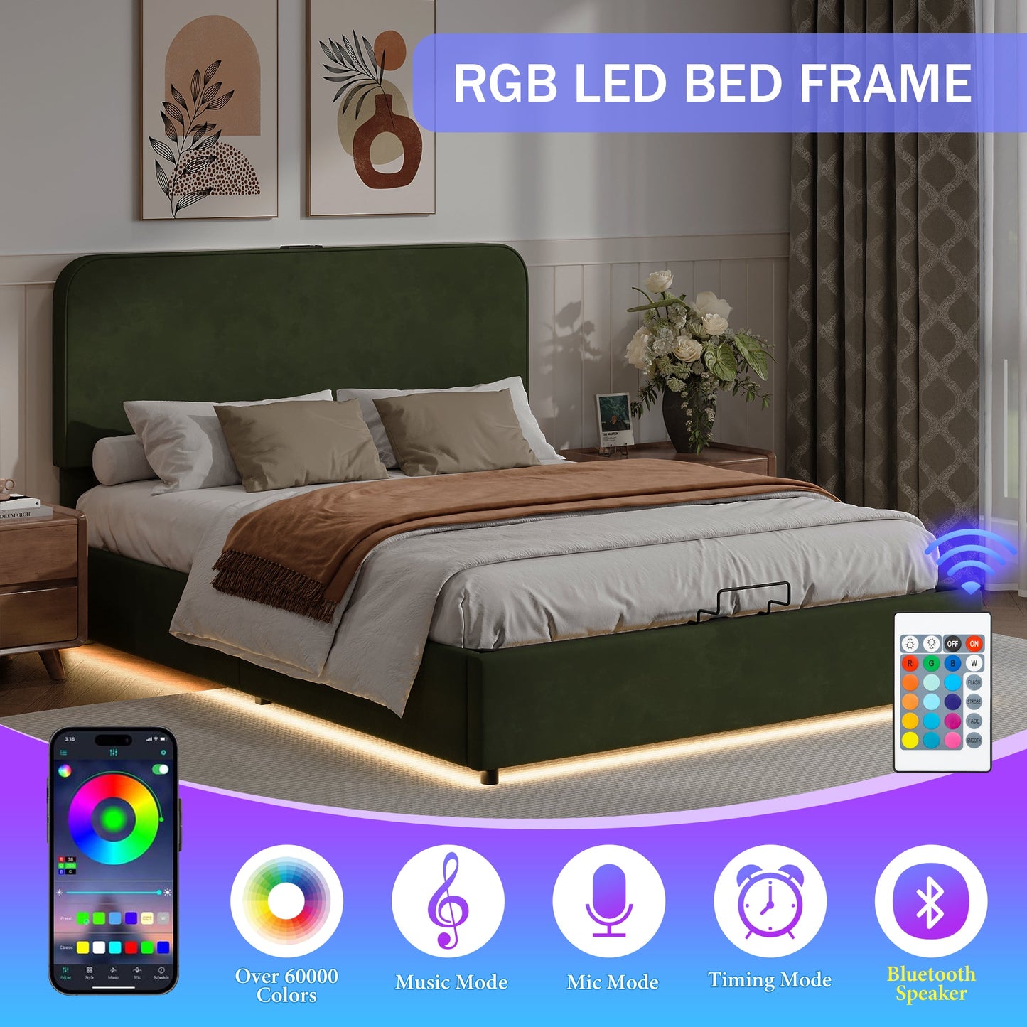 Hydraulic Storage Bed with RGB LED Lights and Bluetooth Speaker