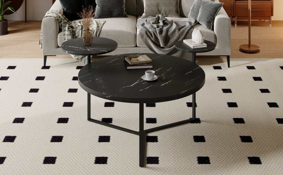 Modern coffee table with two display shelves, Black Faux marble surfaces, Tripod-inspired base,Rounded tabletop edges - Korvel