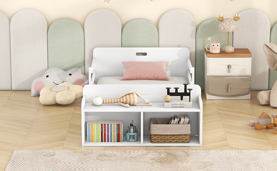 Twin Size Floor Bed with Storage Footboard and Guardrail, White - Korvel
