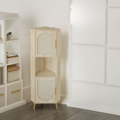 Corner cabinet ,Rattan door,Freestanding Corner Tables For Small Spaces, Corner Shelf Stand For Living Room, Kitchen, Bathroom - Korvel