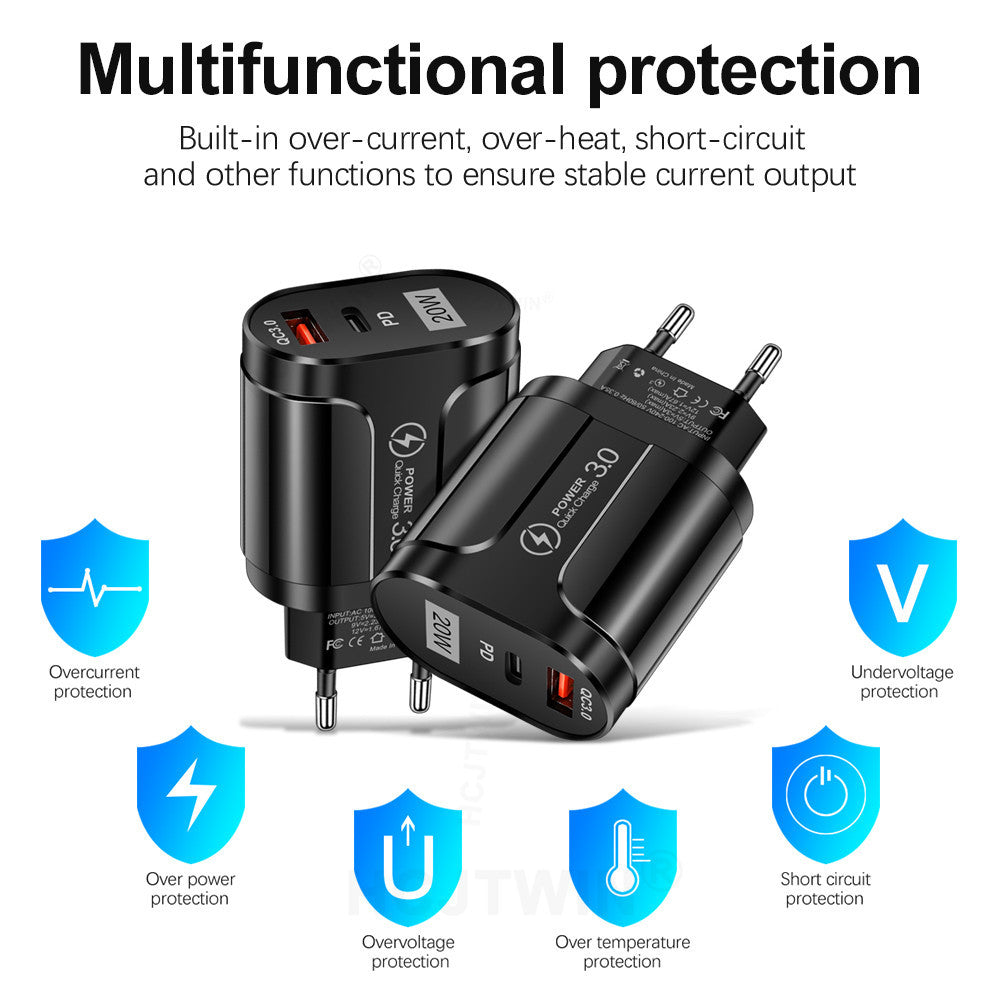 PD20W Mobile Fast Charging Charger 5V4A US, European, and British Standard Speed Matching Device PD+QC3.0 Travel Charging Head - Korvel