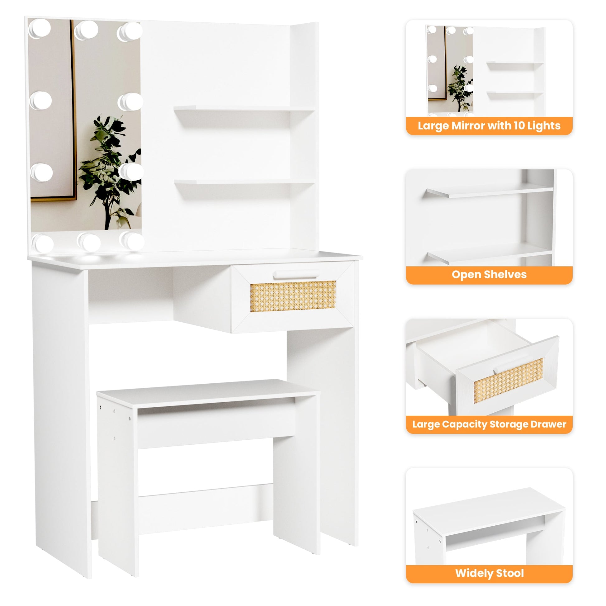 Vanity Desk Set Stool & Dressing Table with LED Lighting Mirror Drawer and Wood Cosmetic Table Chest of Drawers White Color - Korvel