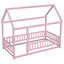 Twin Size Floor Wooden Bed with House Roof Frame, Fence Guardrails,Pink - Korvel