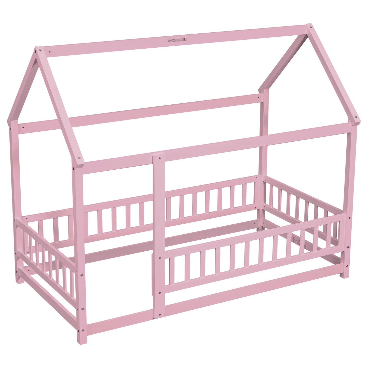 Twin Size Floor Wooden Bed with House Roof Frame, Fence Guardrails,Pink - Korvel
