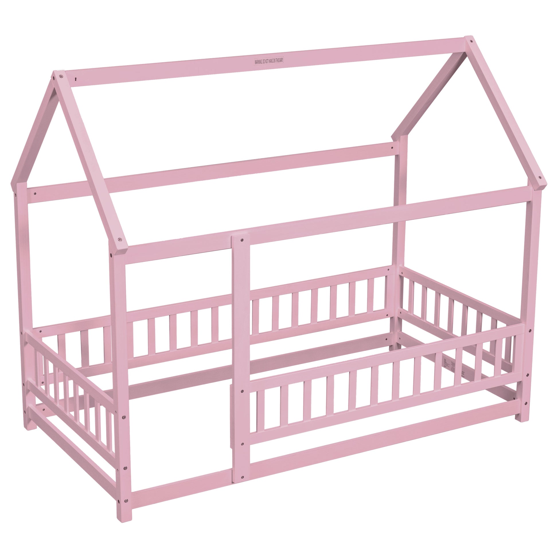 Twin Size Floor Wooden Bed with House Roof Frame, Fence Guardrails,Pink - Korvel