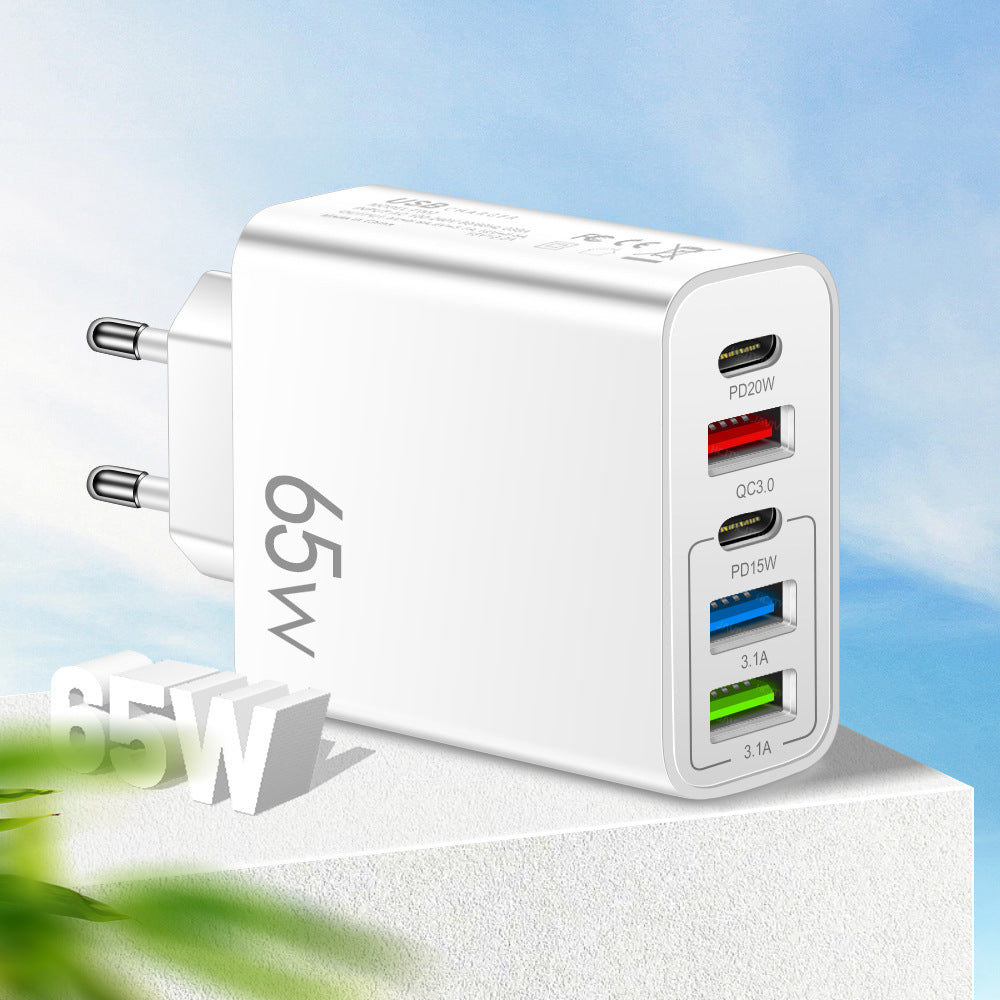 Standard PD65W mobile phone charger 4A type-c PD+3USB multi port European, American, English travel charging head - Korvel