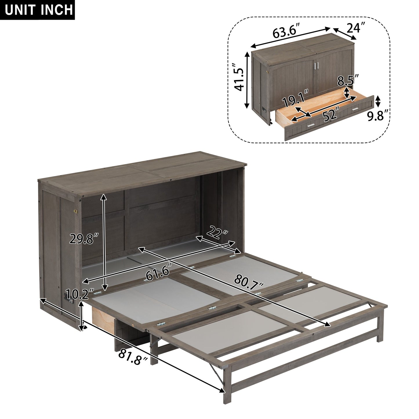 Queen Size Murphy Bed with Built-In Charging Station  Antique Grey - Korvel