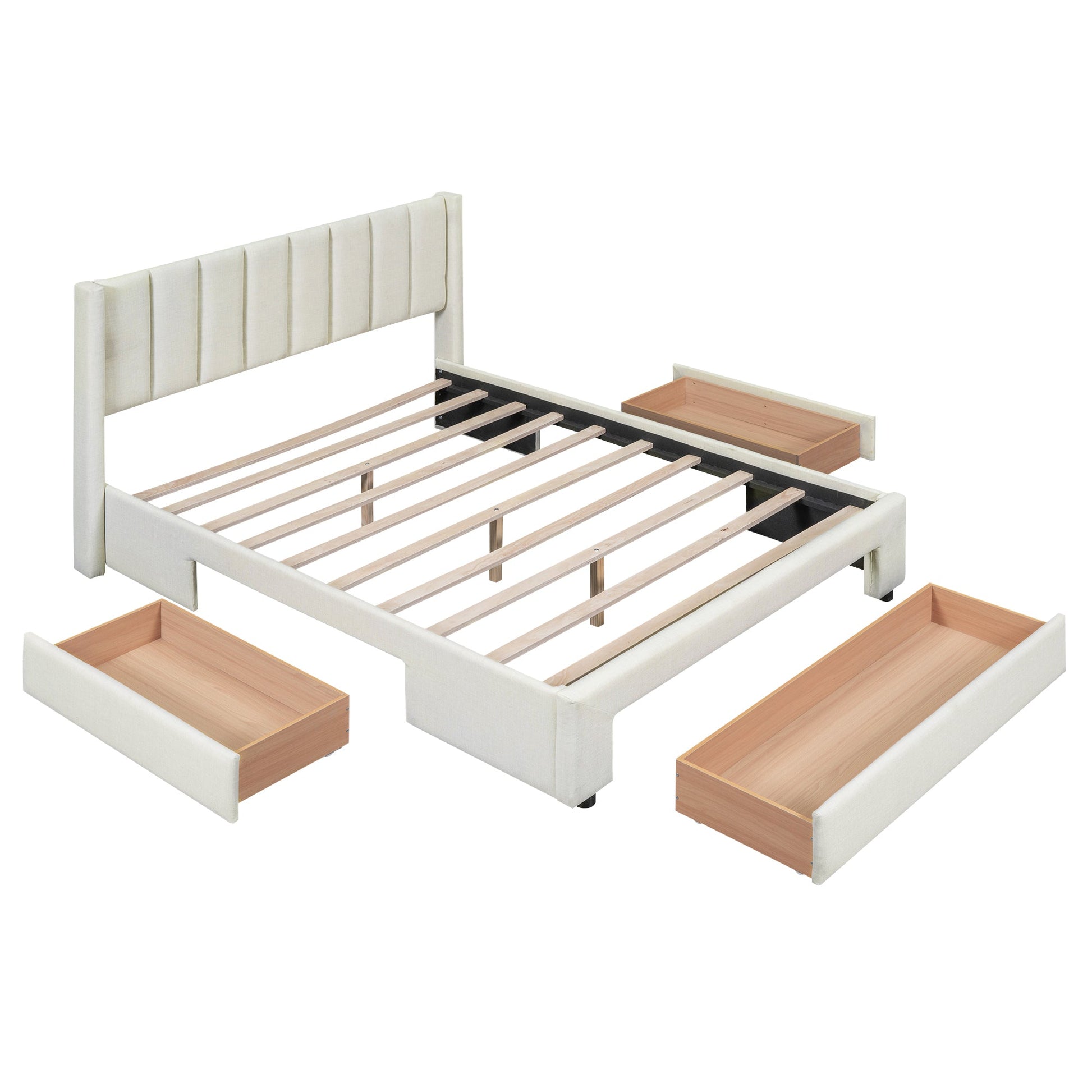 Full Size Upholstered Platform Bed with One Large Drawer in the Footboard and Drawer on Each Side Beige - Korvel