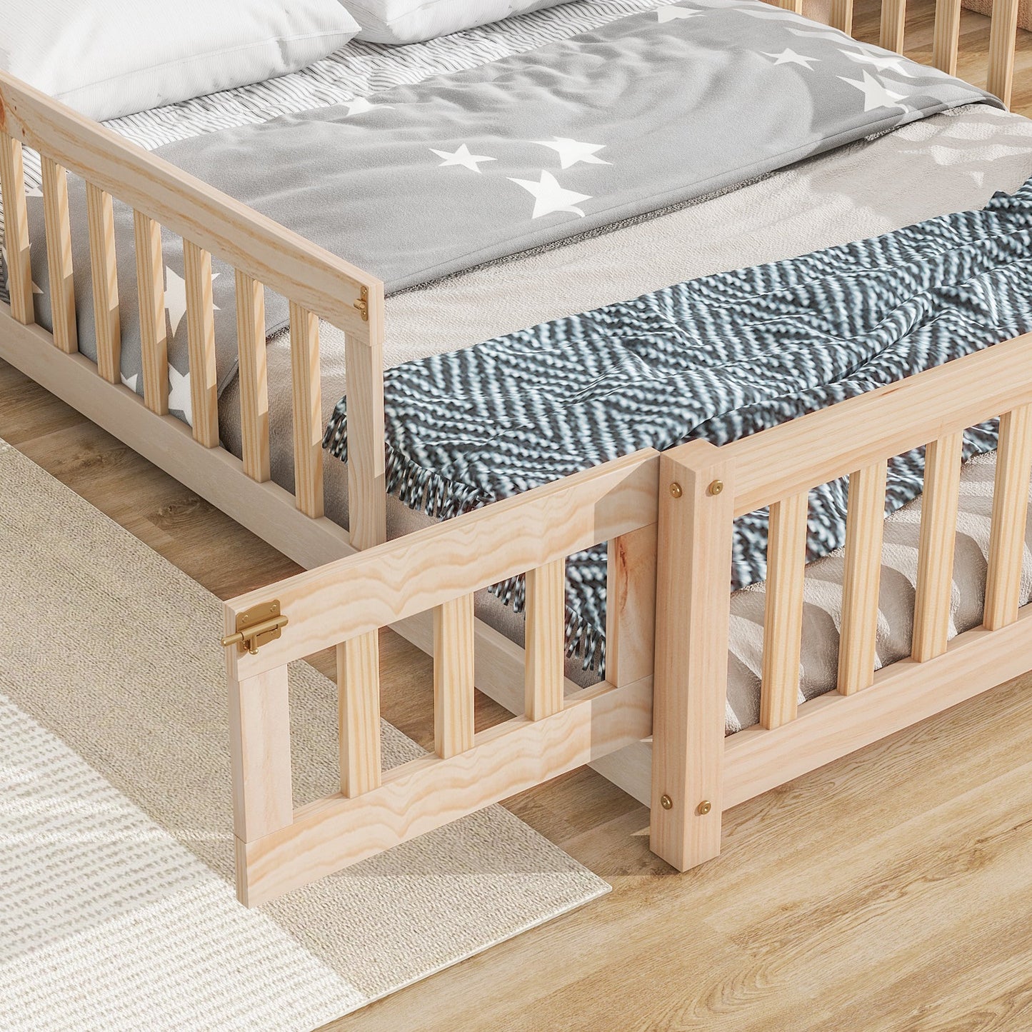 Full House-Shaped Headboard Floor Bed with Fence - Natural