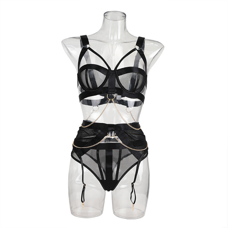 New Mesh Perspective Temptation Metal Chain Interwoven Splicing Hollow Bra Sexy Sex Underwear - Korvel