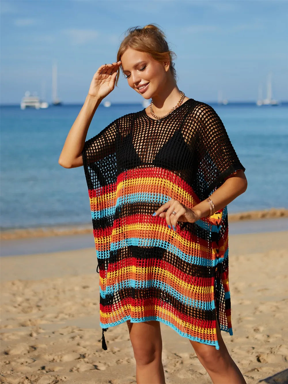 Cutout Striped Cover-Up with Tassel - Korvel