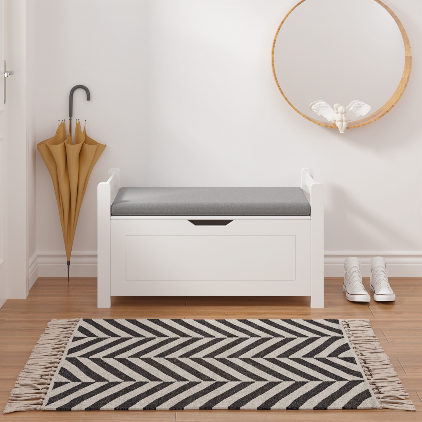 A white rubber wood children's toy box with soft cushioned seats, stools, flip covers, and safety hinges for toy storage - Korvel