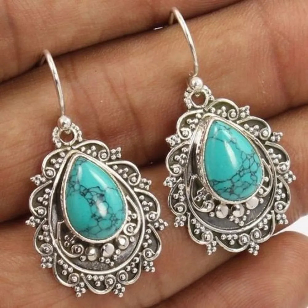 Artificial Turquoise Alloy Teardrop Dangle Earrings - Korvel