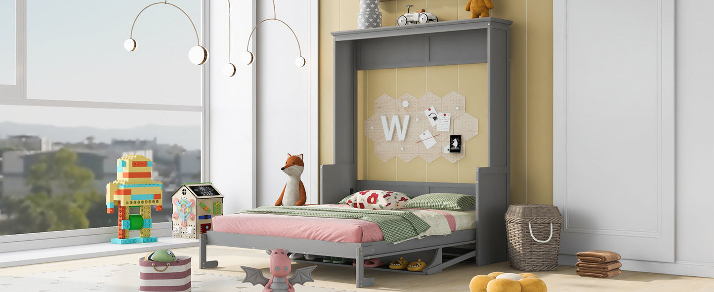 Queen Size Murphy Bed with a Shelf, Gray - Korvel