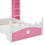 Lit jumeau en bois en forme de château avec étagère de rangement en rose et blanc