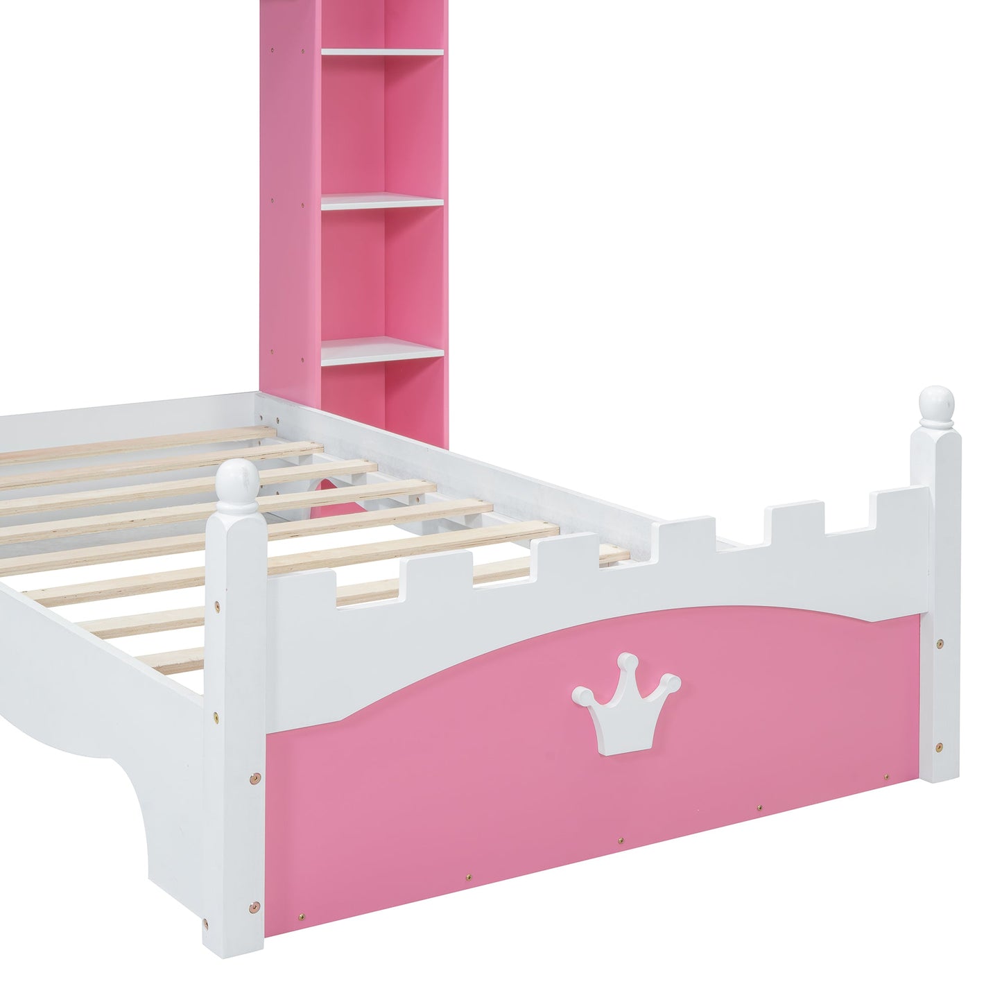 Lit jumeau en bois en forme de château avec étagère de rangement en rose et blanc