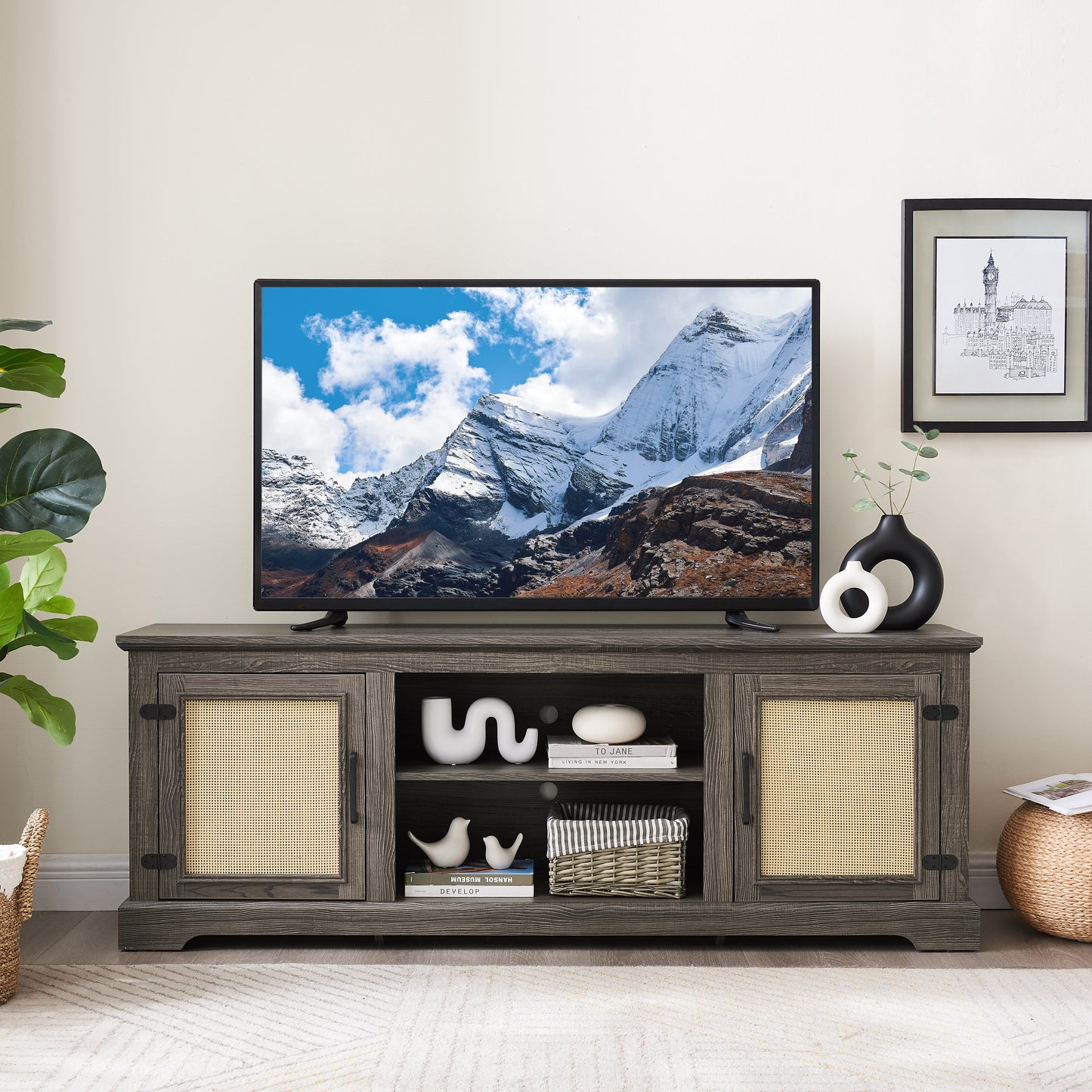 Vine TV stand console table, suitable for TVs under 70 inches, equipped with 2 storage shelves and 2 natural rattan doors, gray - Korvel