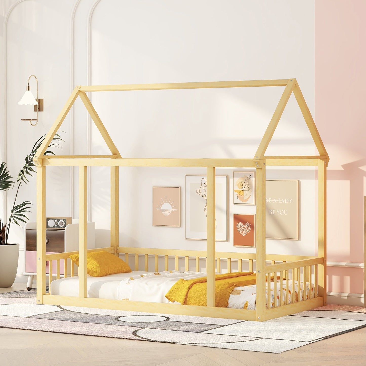 Twin Size Floor Wooden Bed with House Roof Frame and Safety Guardrails,Natural - Korvel