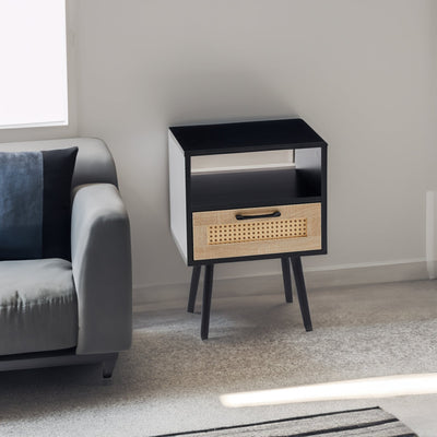 15.75" Rattan End table with drawer and solid wood legs Modern nightstand side table for living room black - Korvel