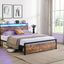 Full size bedstead with storage headboard and 2 drawers, LED light bed with charging station, metal Flat noodles support - Korvel