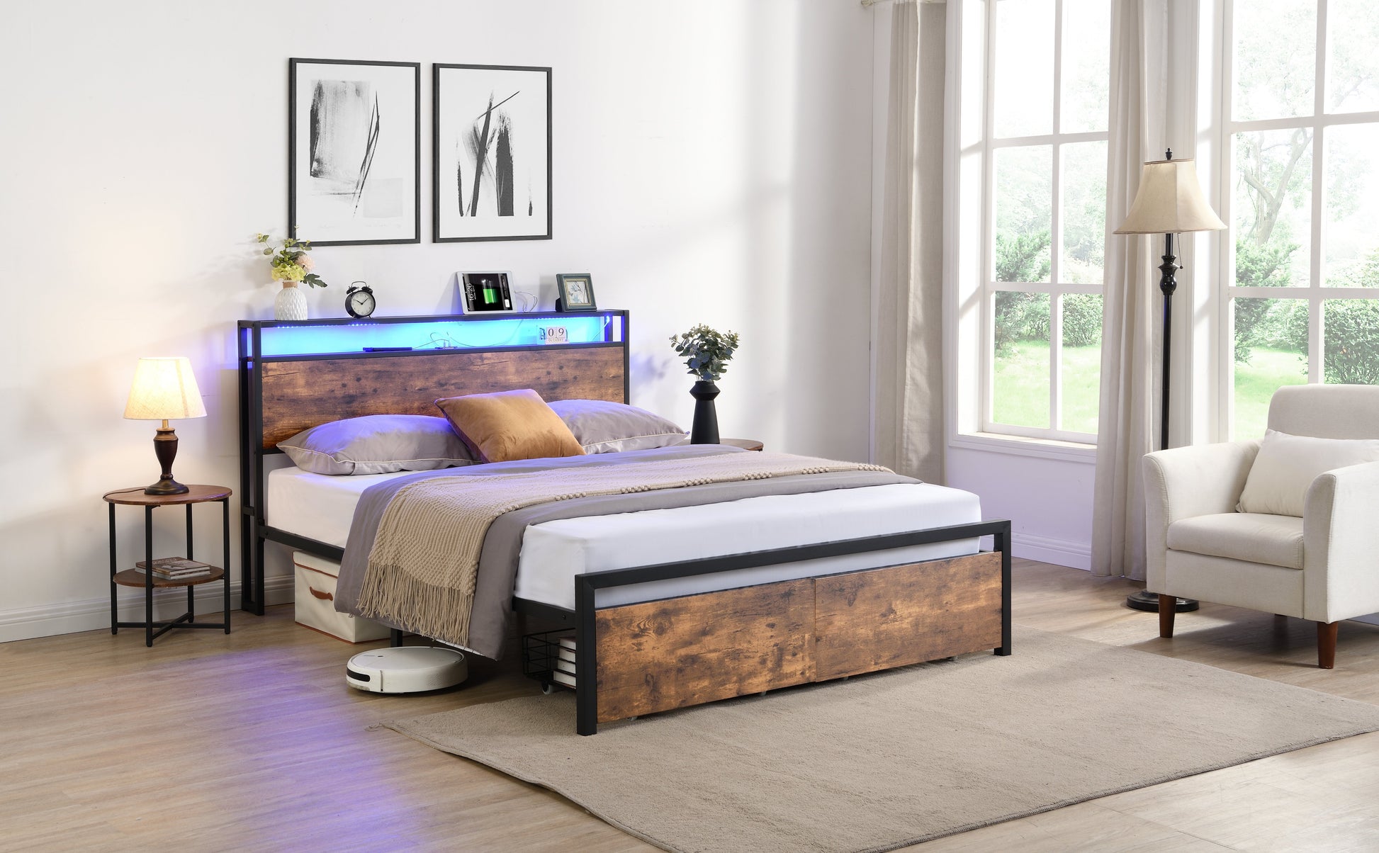 Full size bedstead with storage headboard and 2 drawers, LED light bed with charging station, metal Flat noodles support - Korvel
