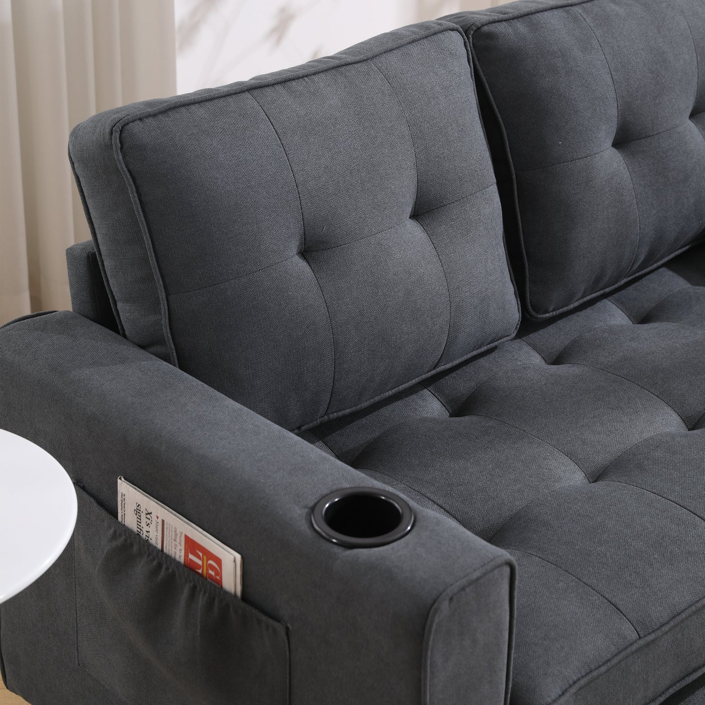 Three in one soft cushion cushion cushion sofa, folding mattress sofa bed, with side pockets and cup holder, dark gray - Korvel