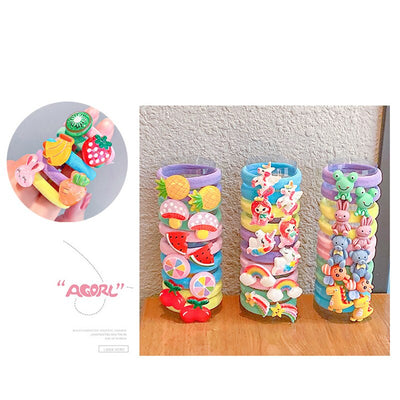 10PCS/Set Rainbow Cartoon Character Fruits Flower Nylon Elastic Hair Bands Women Girl Sweet Rubber Hair Tie Scrunchie Headwear - Korvel