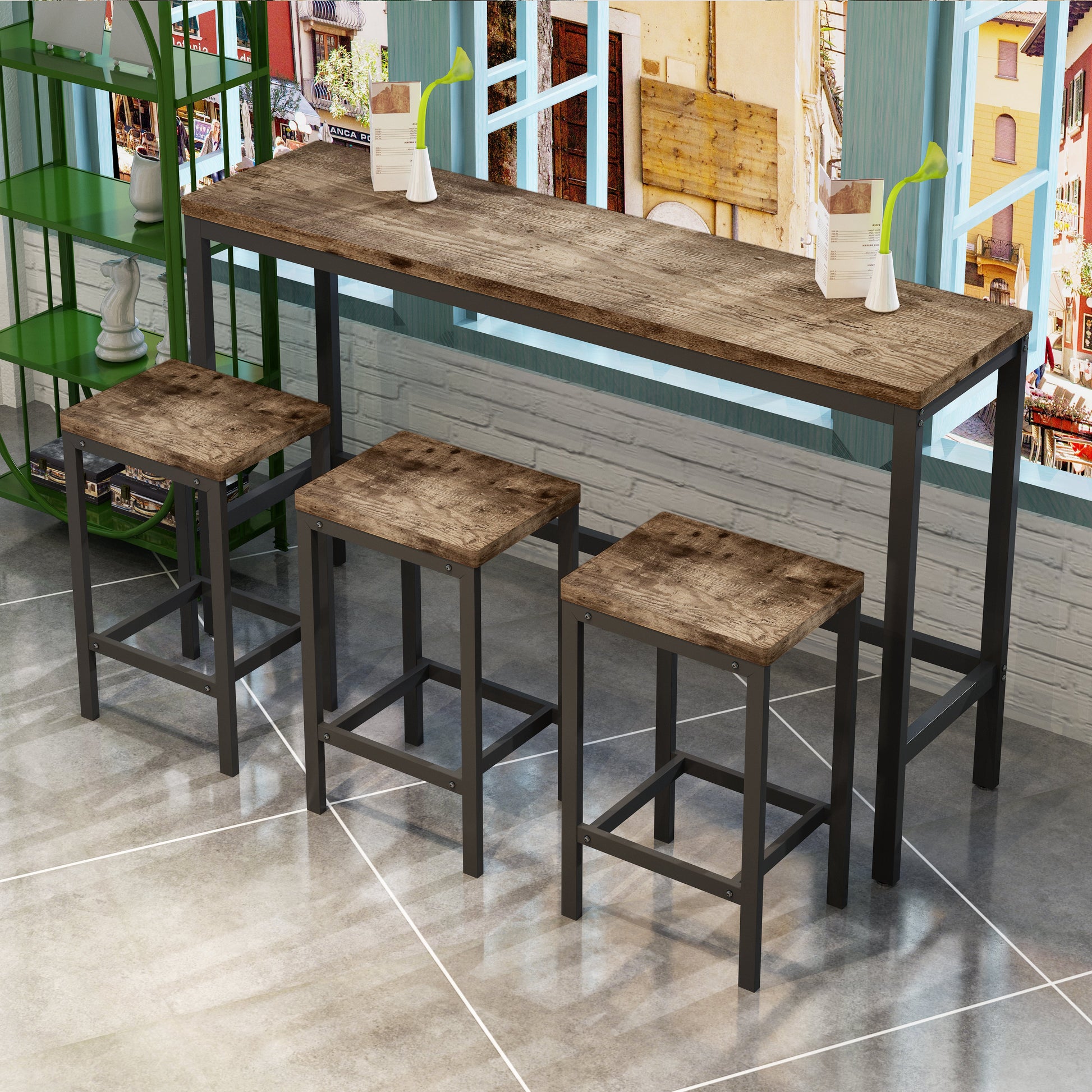 Modern Design Kitchen Dining Table Pub Table Long Dining Table Set with 3 Stools Easy Assembly Natural - Korvel