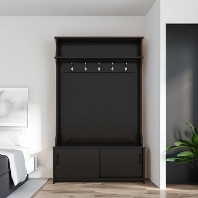 Hall tree with roof rack and storage platform, corridor shoe cabinet with sliding door, clothes hanger with 5 hooks black - Korvel