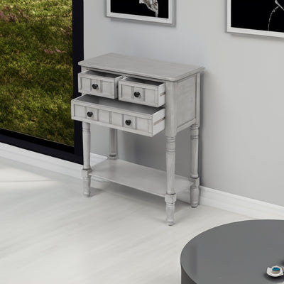 TREXM Narrow Console Desk, Thin Sofa Table with Three Storage Drawers and Living Room Bottom Shelves (Grey Washed) - Korvel