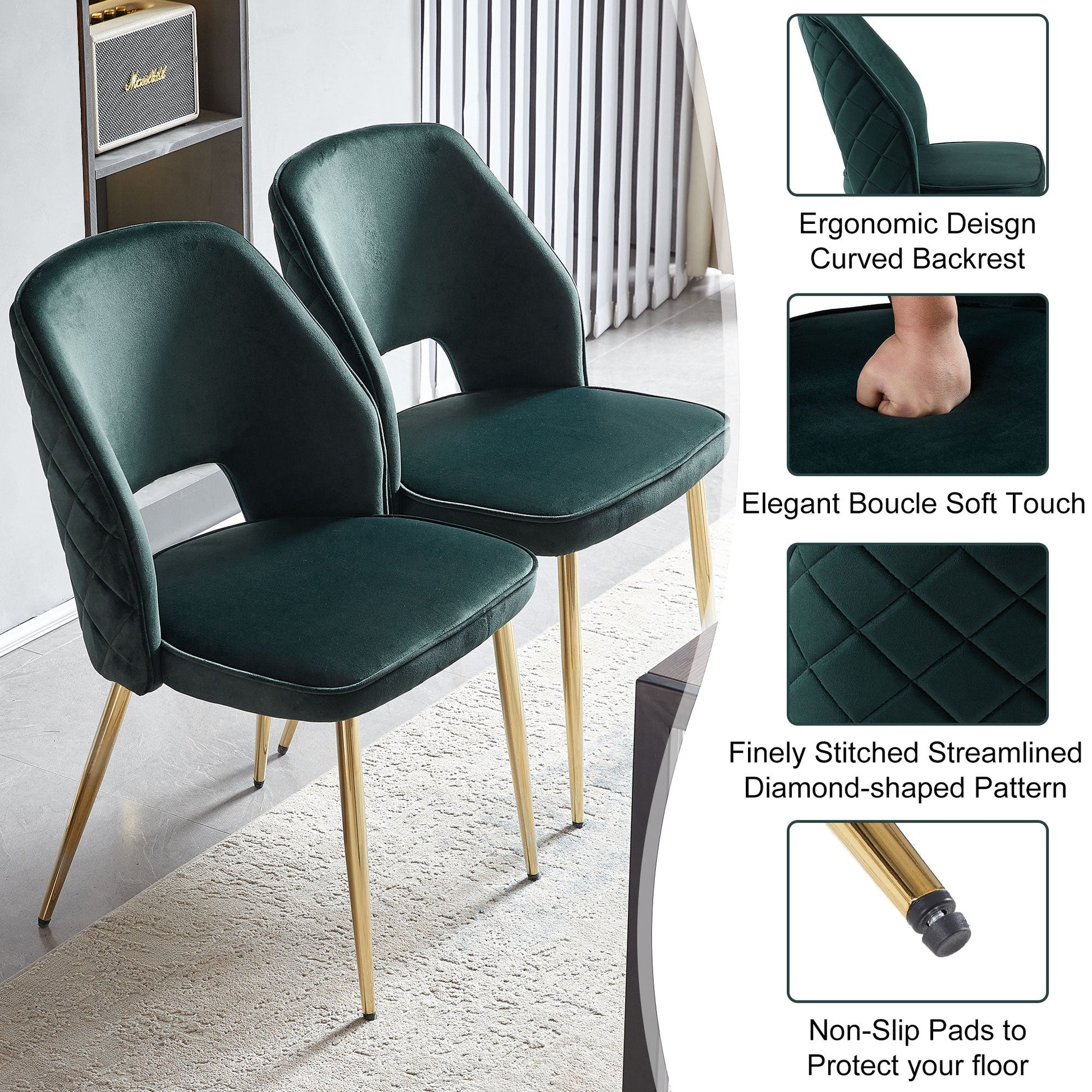 Dark Green Velvet Dining Chairs with Metal Legs and Hollow Back Upholstered Dining Chairs Set of 4 - Korvel