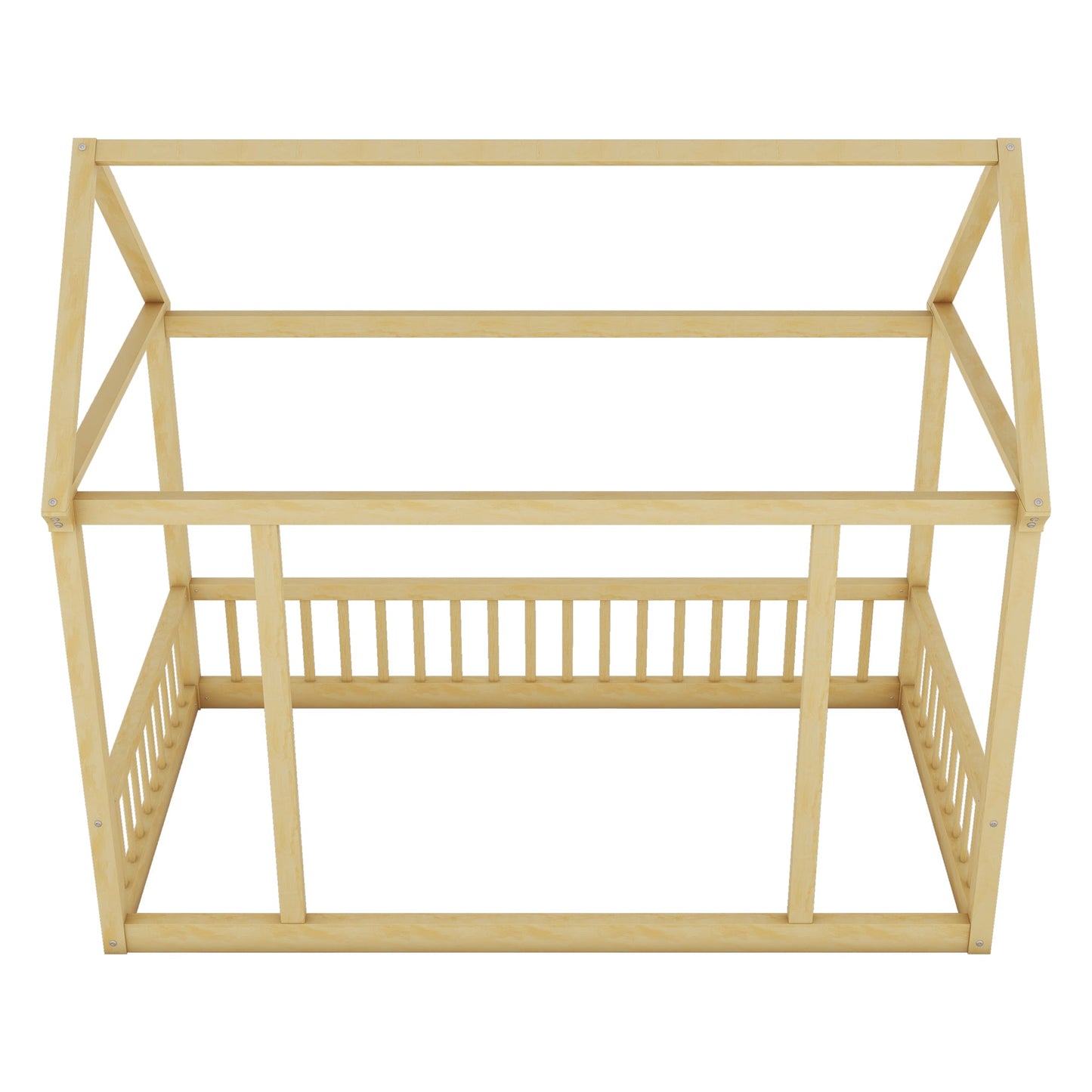 Twin Size Floor Wooden Bed with House Roof Frame and Safety Guardrails,Natural - Korvel