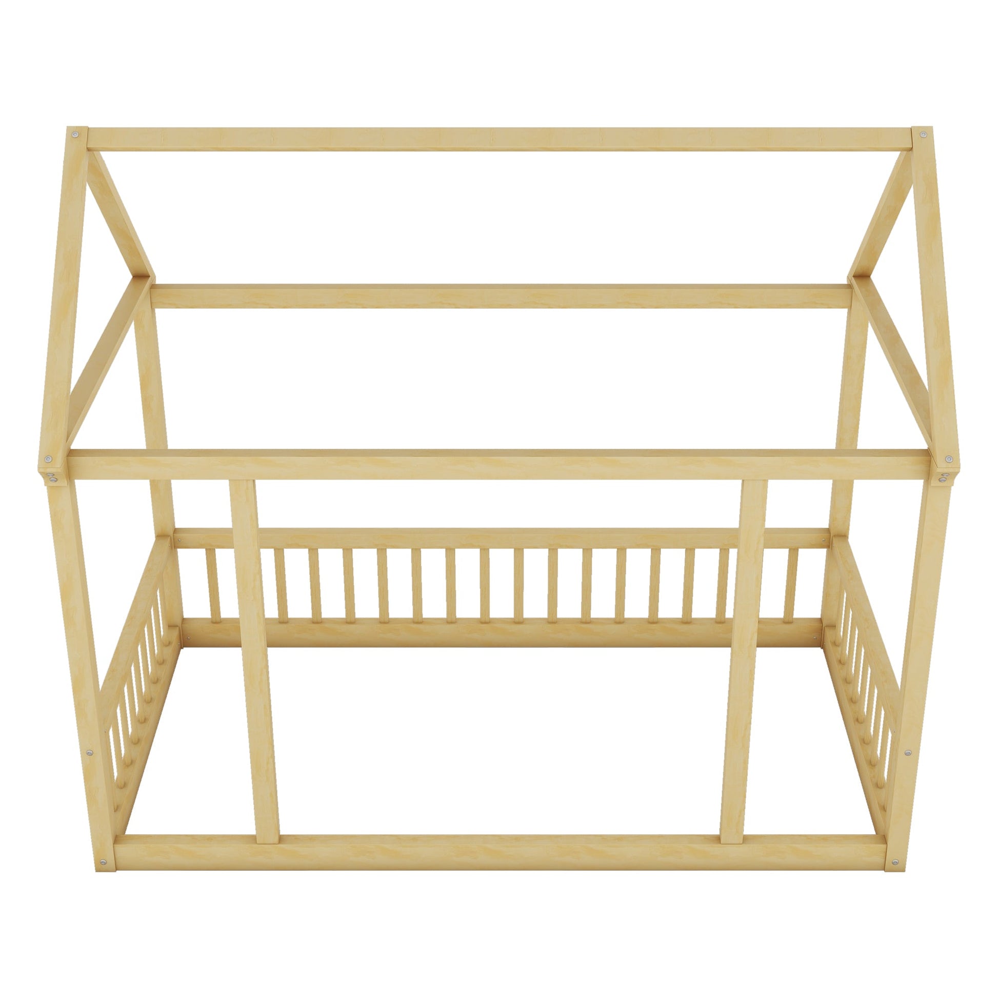 Twin Size Floor Wooden Bed with House Roof Frame and Safety Guardrails,Natural - Korvel