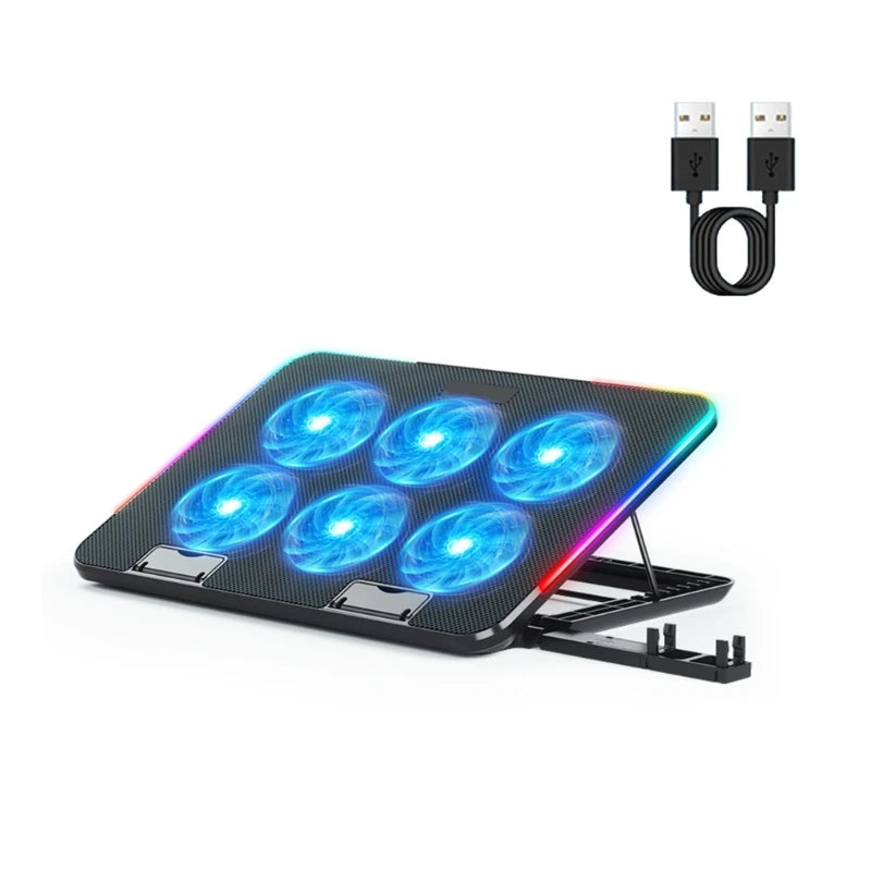 New Laptop Cooler Laptop Cooling Pad Notebook Gaming Cooler Stand with 6 LED Fan 2 USB Ports Phone Holder for 15.6in Laptop - Korvel