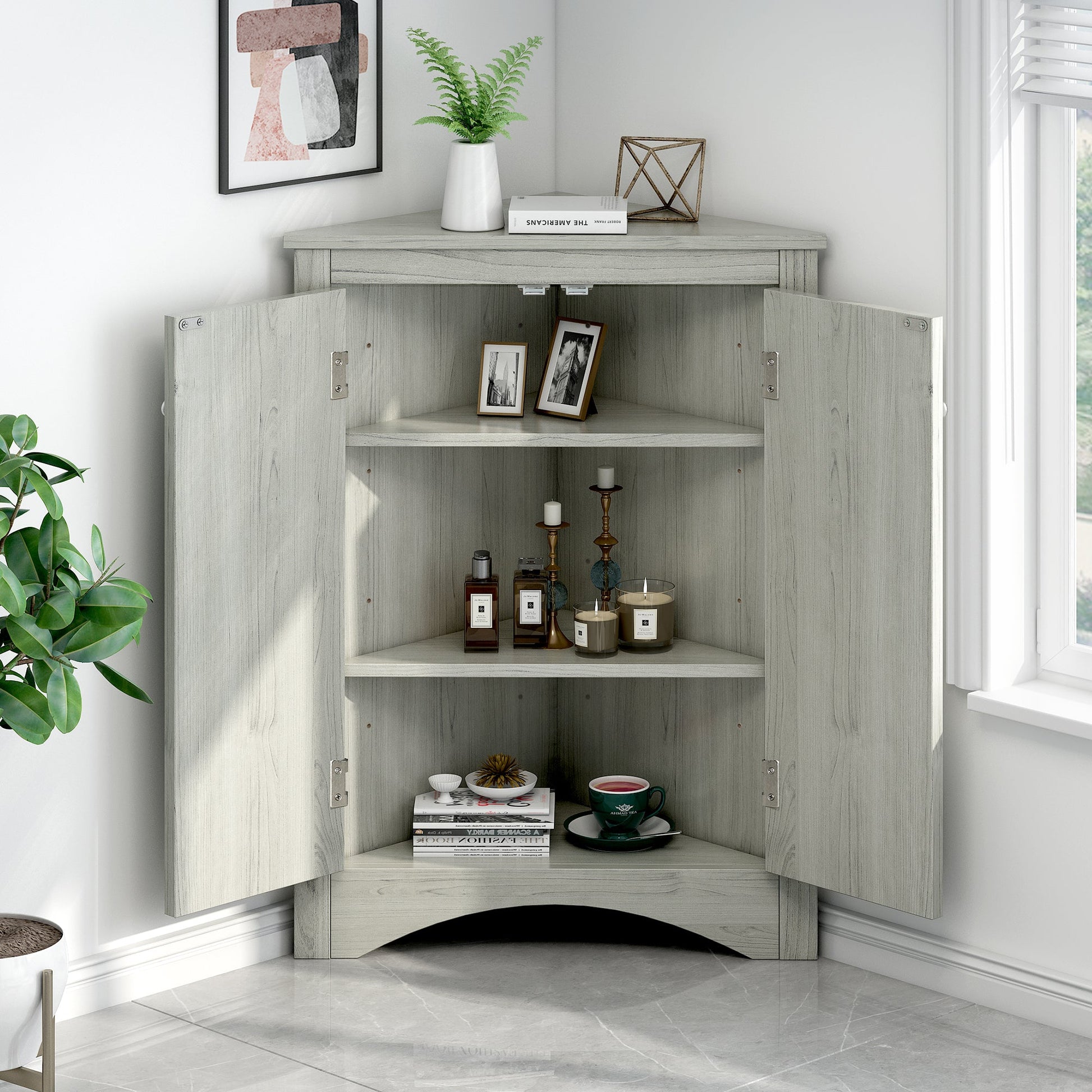 Oak Triangle Bathroom Storage Cabinet with Adjustable Shelves, Freestanding Floor Cabinet for Home Kitchen - Korvel