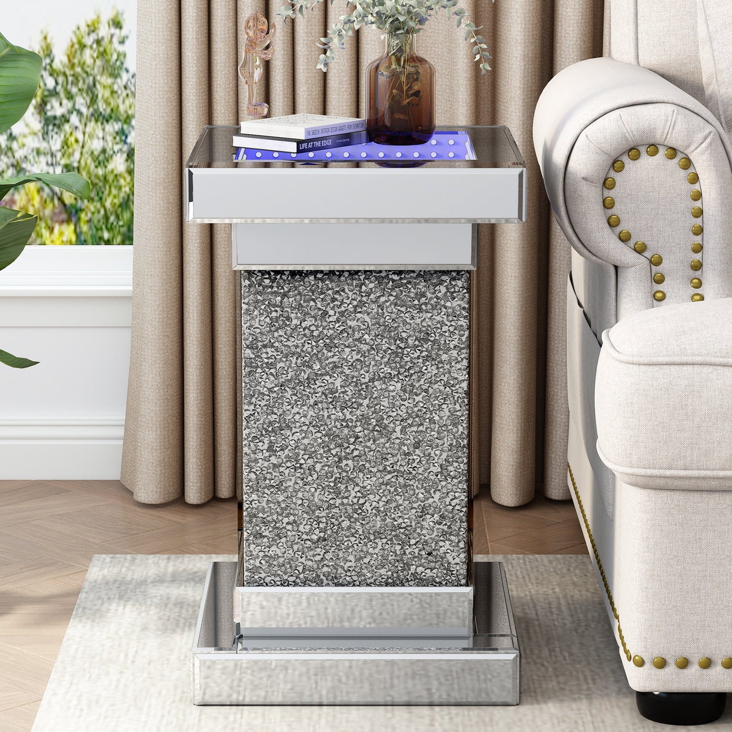U-Can 11.8-Inch Silver Square Mirror Coffee Table with LED Lights
