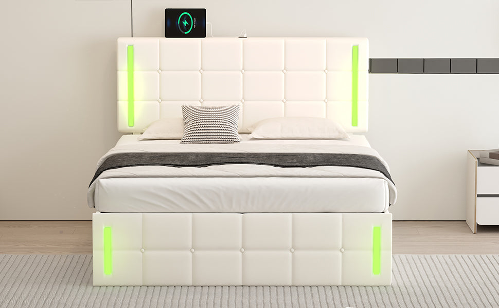Full Size Upholstered Bed with LED Lights,Hydraulic Storage System and USB Charging Station,White - Korvel
