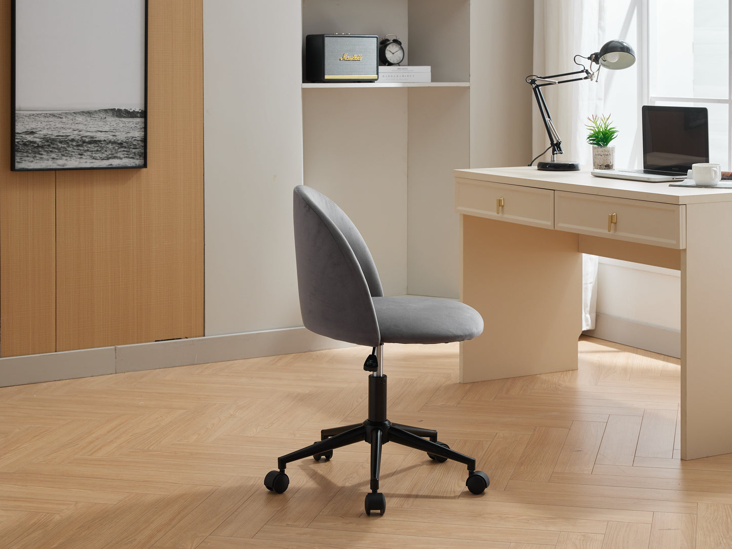 Velvet fabric office chair, mid back adjustable rotating computer chair, black legs, cushioned office chair with wheels - Korvel