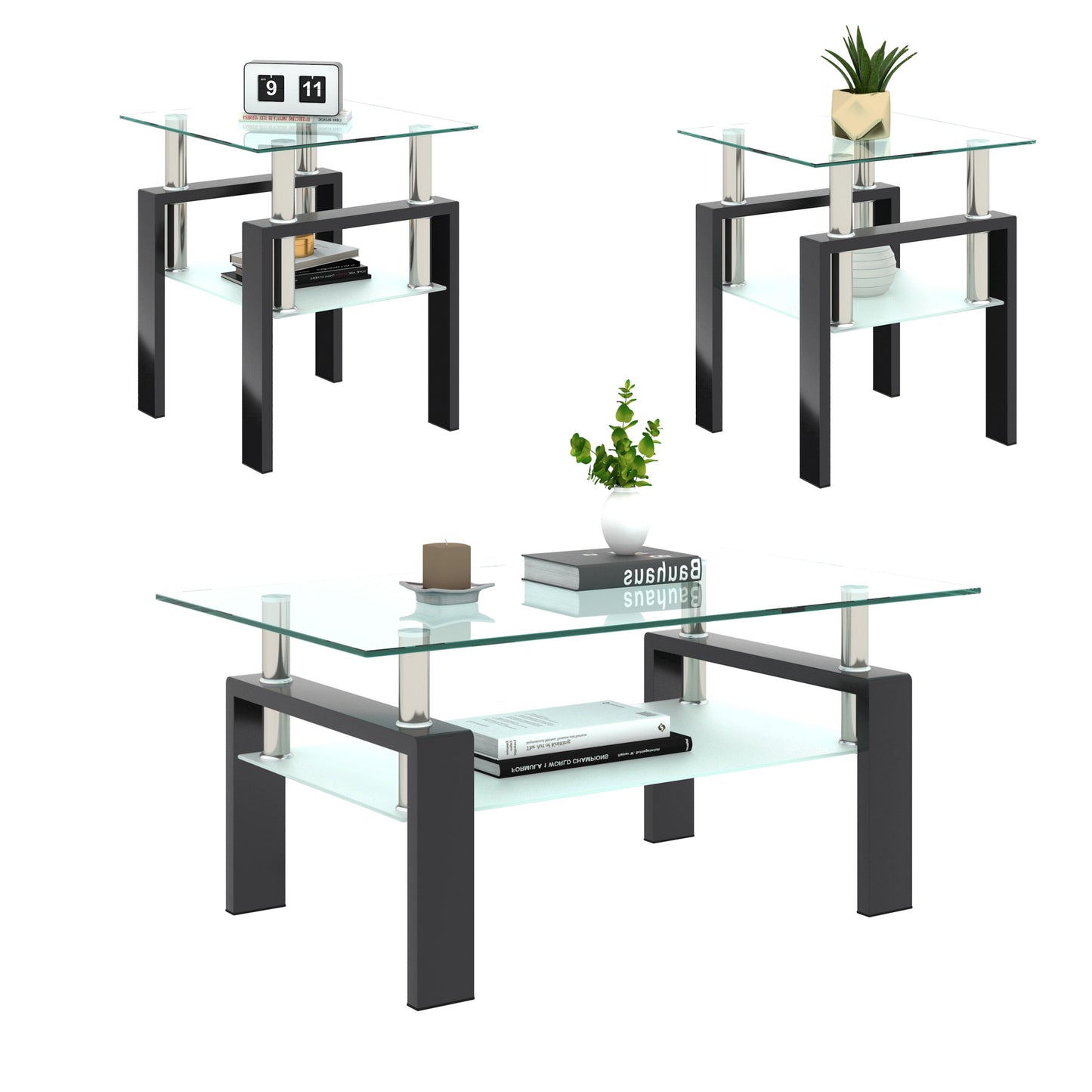 Set of 2, Modern Tempered Glass Tea Table Coffee Table End Table, Square Table for Living Room, Transparent/Black - Korvel