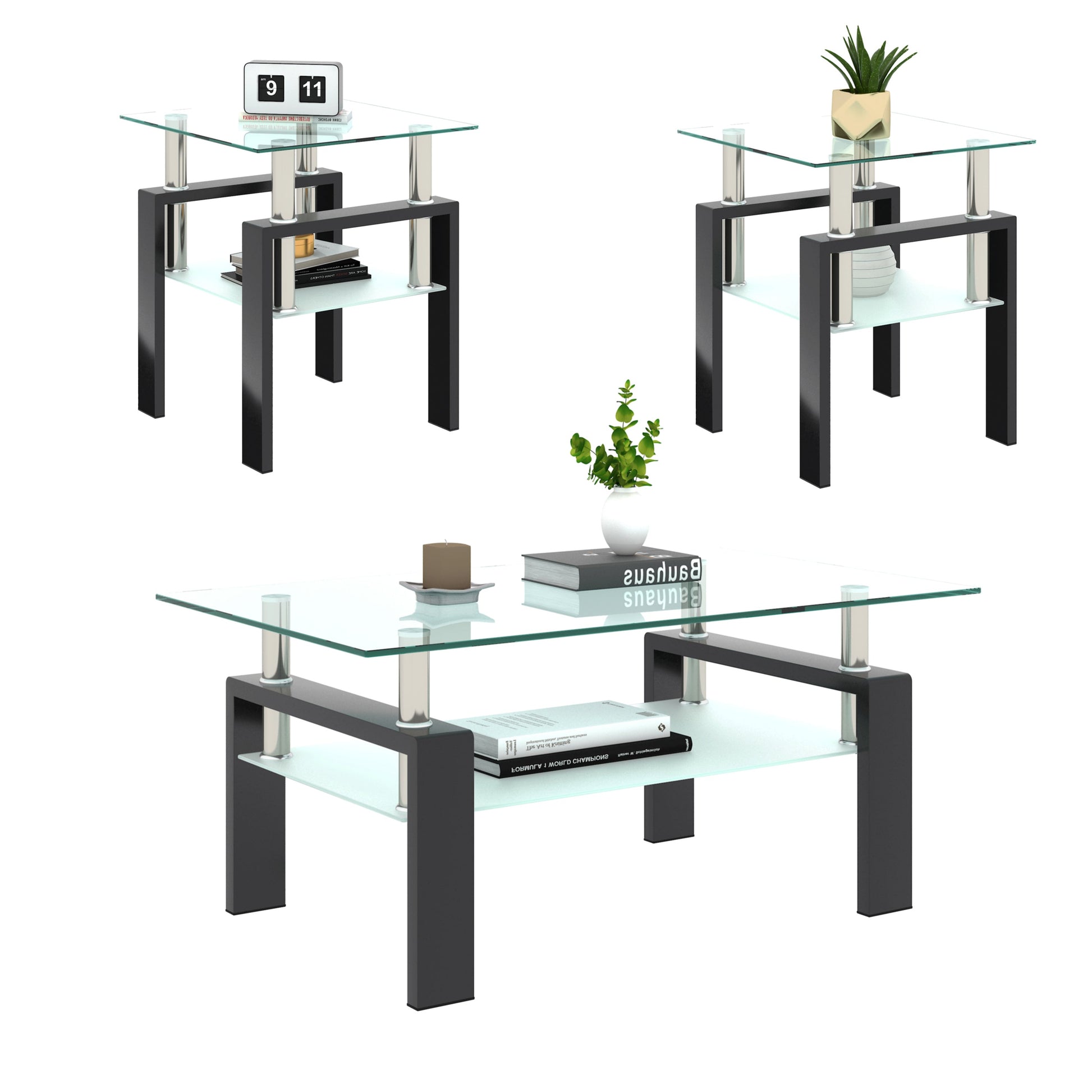 Set of 2, Modern Tempered Glass Tea Table Coffee Table End Table, Square Table for Living Room, Transparent/Black - Korvel