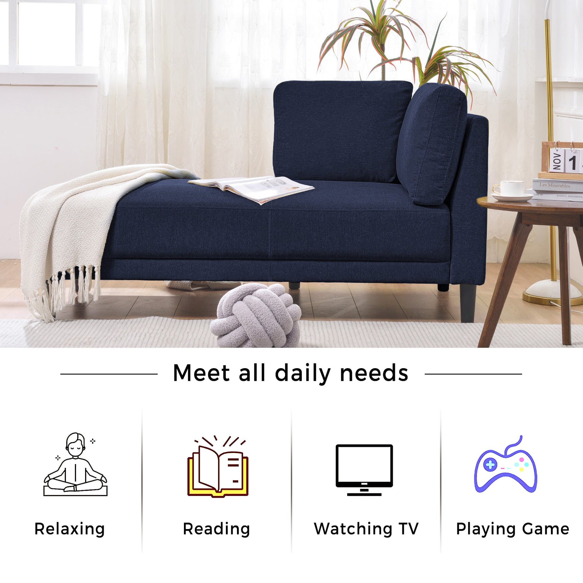 65" Mid-Century Modern Linen Fabric Corner Lounge Chair, Upholstered Indoor Chaise Lounge Solid Wood Sofa Bed for Bedroom - Korvel