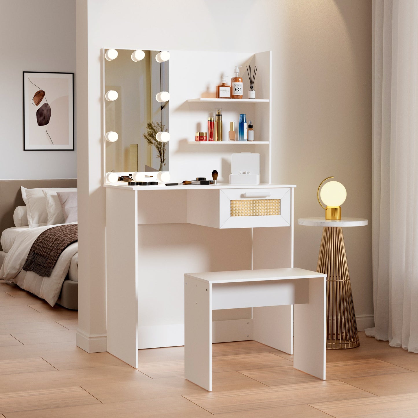 Vanity Desk Set Stool & Dressing Table with LED Lighting Mirror Drawer and Wood Cosmetic Table Chest of Drawers White Color - Korvel