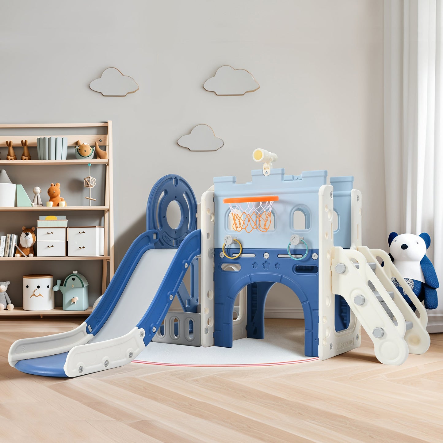 9-1 Toddler Slide Set,Kids Slide for Toddlers Ages 1+, Basketball Hoop, Tunnel and Storage Space, Pirate Ship Themed Slide - Korvel
