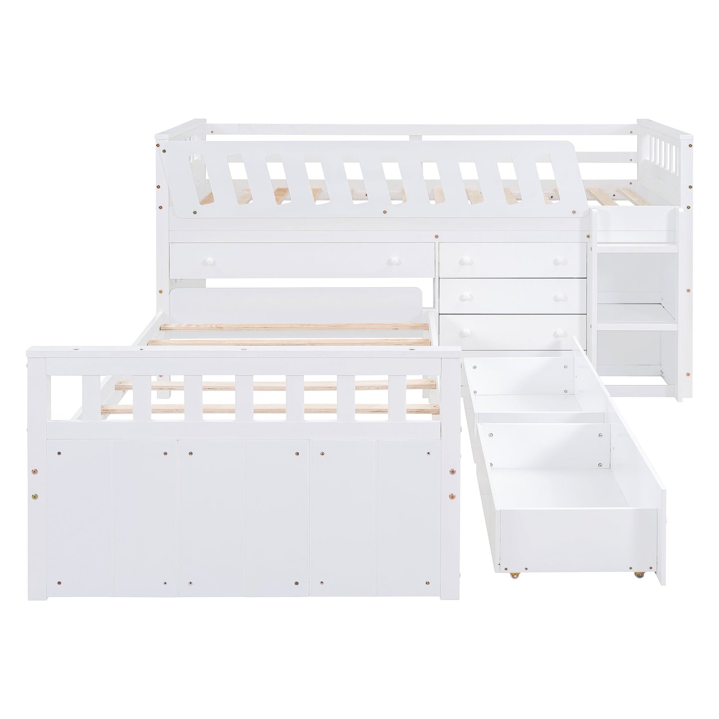 Cama loft twin en forma de L que ahorra espacio con 7 cajones - Blanca
