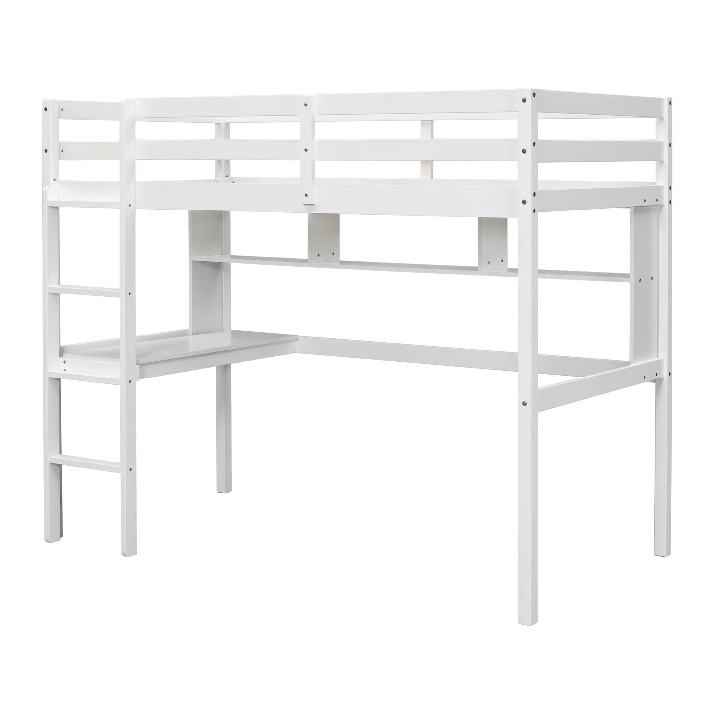 Twin Loft Bed with built-in desk and bookcase of three compartments, Guardrails and Ladder,White - Korvel